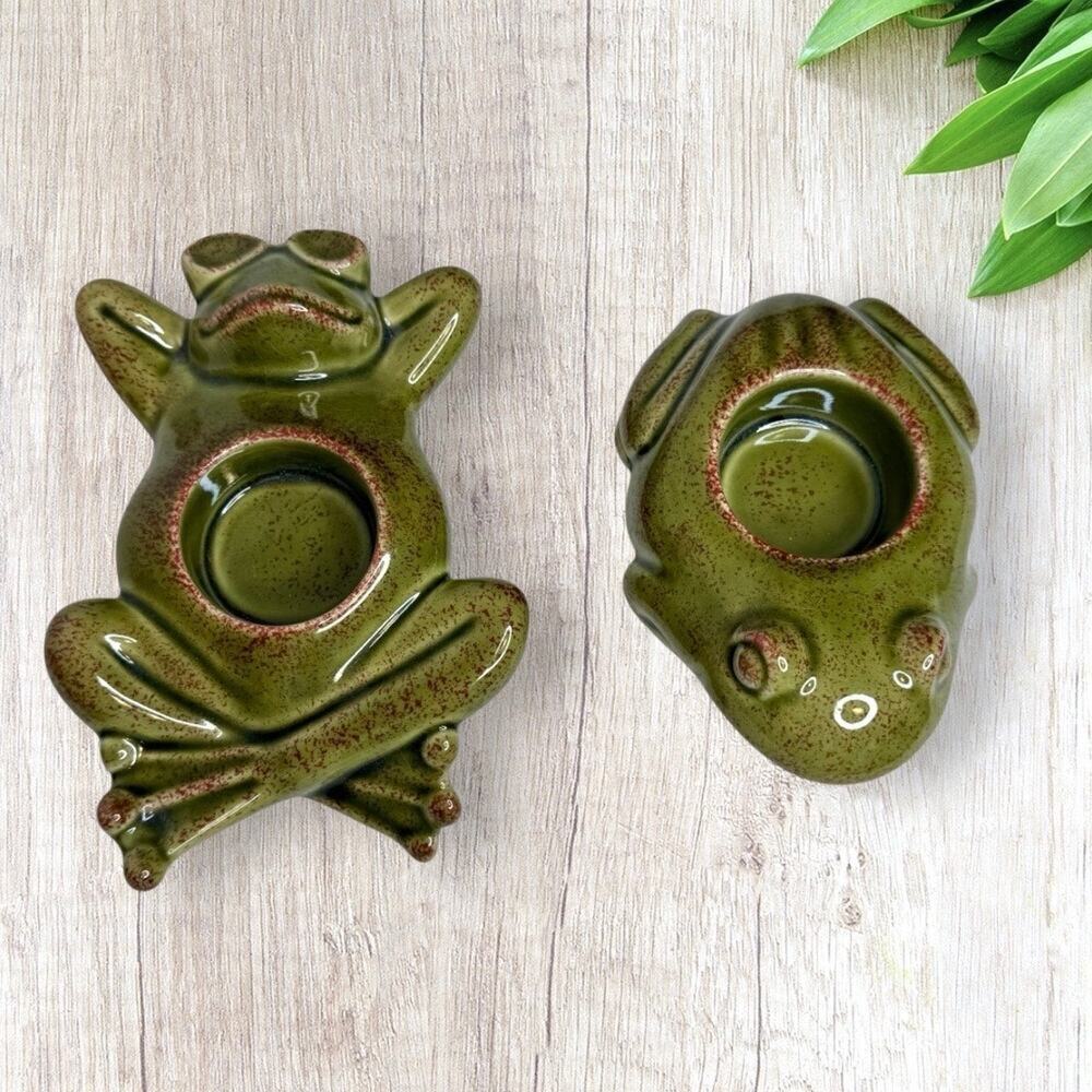 Vintage PartyLite Two Frogs Candle Holder Votive Ceramic Garden Decor Figurine